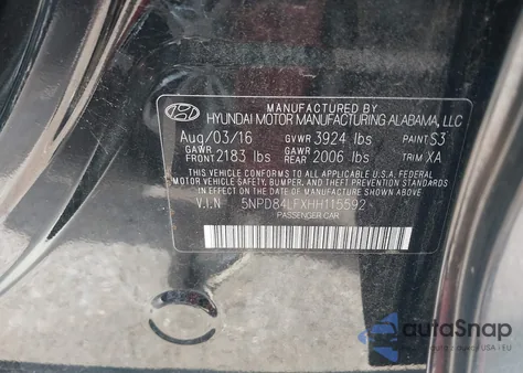 2017 Hyundai Elantra Limited z USA, uszkodzony, nr VIN 5NPD84LFXHH115592